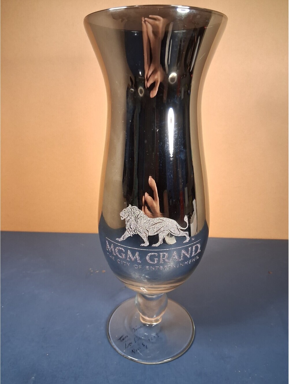 Vintage 1994 MGM Grand Tom Jones Concert Souvenir Mirrored Hurricane Glass Vegas